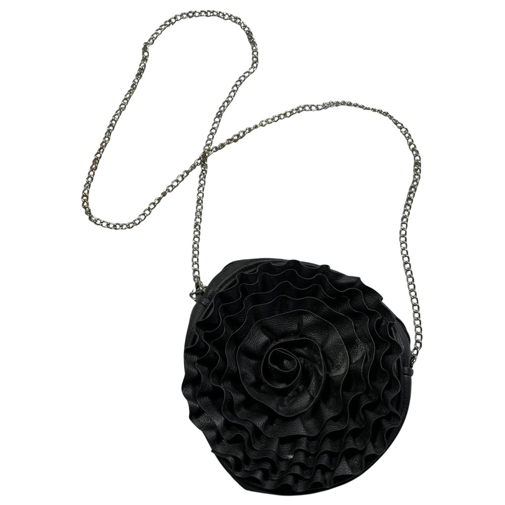 Black Round Rose Flower Ruffle Chain Shoulder Bag Goth Grunge Chain SIlver